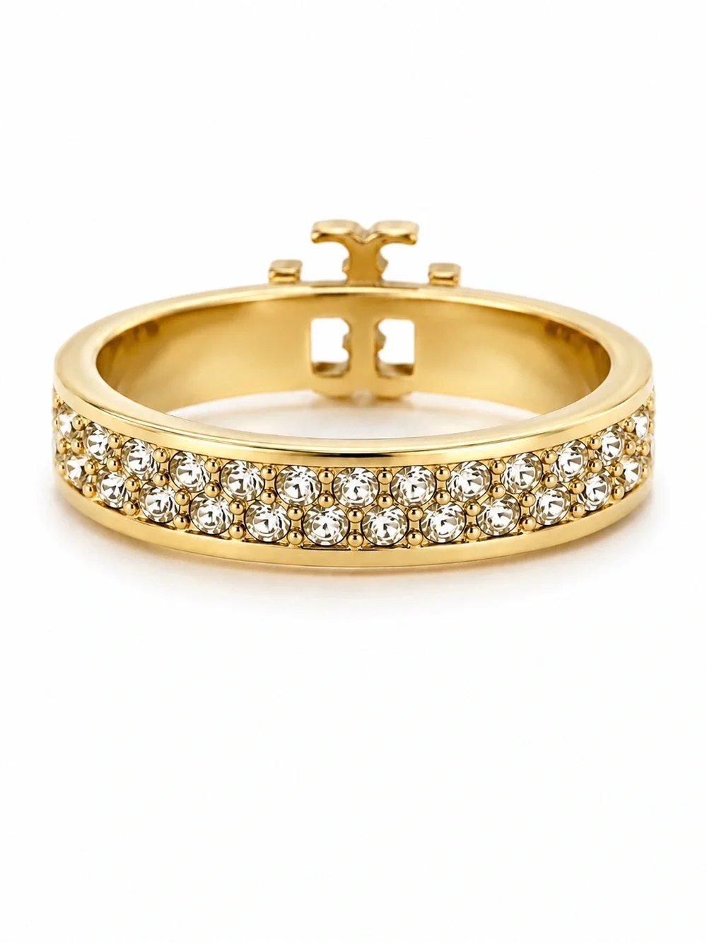 TORY BURCH • Gold Double T Crystal Logo Ring Includes Tory Burch Jewelry Bag